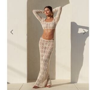 delfi collective layla white crochet sheer long sleeve crop top + midi skirt set